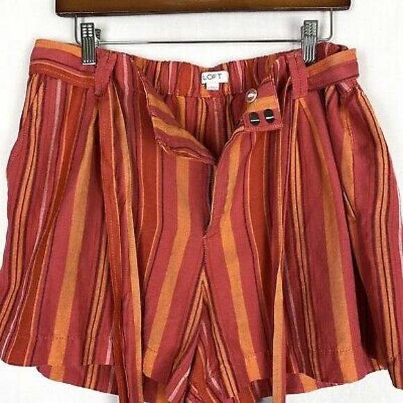 LOFT Womens Orange Striped Linen Blend High Waist Shorts Large‎ Tie Belt Pockets - Picture 2 of 7